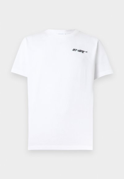 Λευκό κοντομάνικο t-shirt με στρογγυλή λαιμόκοψη και μικρό μαύρο λογότυπο "OFF-WHITE" στο αριστερό πάνω μέρος του στήθους.