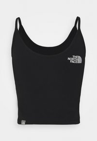 Top de algodón negro sin mangas con tirantes finos, con un escote redondeado y un pequeño logo blanco de "The North Face" en el pecho.