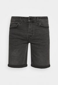 Pantalones cortos de mezclilla negros con dobladillos enrollados, cierre delantero con botón y cremallera, y bolsillos frontales sobre fondo blanco liso.