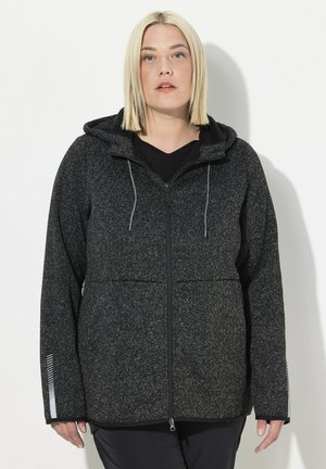 Black and gray speckled zip-up hoodie with a hood, drawstrings, and textured fabric; features reflective stripe on sleeve.