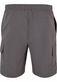Shorts cargo gris en tissu léger, dotés d'une taille élastique, de poches latérales et d'une poche arrière plaquée.