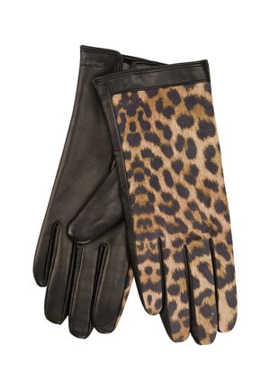 Paire de gants en cuir, un uni noir et un avec un imprimé léopard marron et noir au dos.
