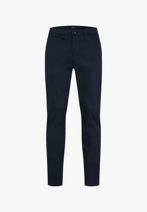 Marineblå bomullschinos med smal passform, flat front, beltedder, og en enkelt knappelukking. Glatt tekstur uten synlige mønstre.