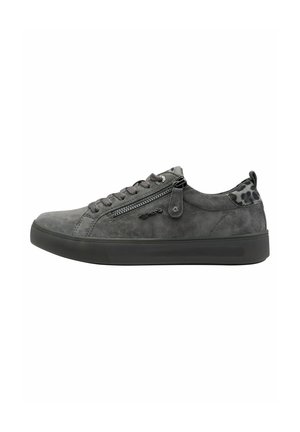 Sneaker grigio in suede con finitura texturizzata, design con lacci e dettaglio con zip laterale. Suola in gomma nera con accenti in stampa leopardata sul tallone.