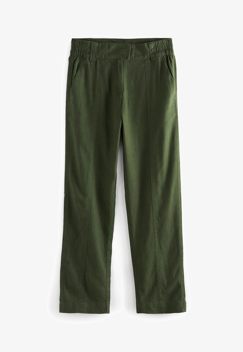 Green trousers made of a smooth, textured fabric, featuring an elastic waistband and two side pockets, with a straight-leg design.