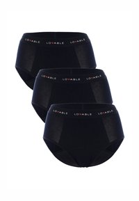 Set di mutandine hipster in cotone nero con una morbida fascia in vita con il marchio "LOVABLE". Tre paia esposti, design senza cuciture e senza motivi evidenti.