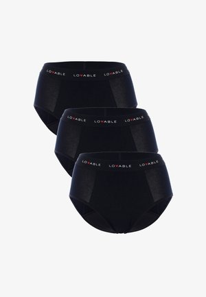 Set di mutandine hipster in cotone nero con una morbida fascia in vita con il marchio "LOVABLE". Tre paia esposti, design senza cuciture e senza motivi evidenti.