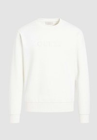 Felpa bianca con collo a giro, polsini e orlo a coste, caratterizzata da un logo "GUESS" in rilievo sul davanti. Tessuto morbido e liscio.