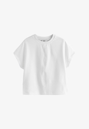 Balts īss piedurkņu krekls, izgatavots no viegla auduma, ar apaļu kakla izgriezumu un centrālu šuvju detaļu. Gluda tekstūra un vaļīgs siluets.