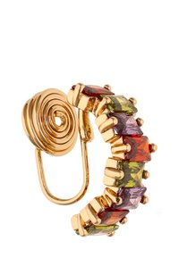 Guld-tone hoops-ørering med varierede rektangulære ædelsten i grøn, lilla og rød, sikret med klipsindstillinger og en spiral-klassisk.