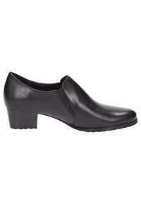 Chaussures en cuir noir à enfiler avec une finition lisse, un petit talon carré et des empiècements élastiques sur les côtés pour un enfilage facile. Conçues avec un bout pointu.