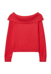 Red off-the-shoulder sweater with ribbed neckline and cuffs. Cropped design, smooth texture, and long sleeves.
