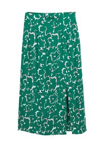 Falda verde floral con un diseño estampado que presenta acentos en rosa y blanco. La tela es liviana y cuenta con una abertura lateral para mayor movimiento.