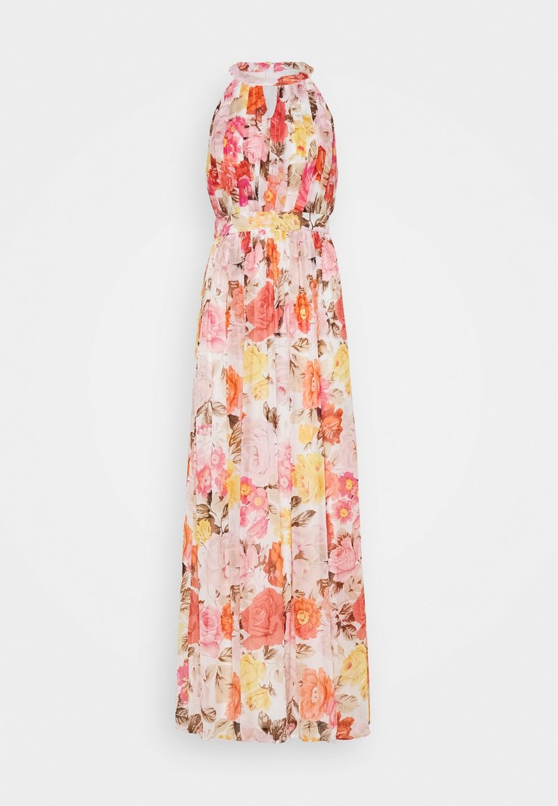 Robe longue sans manches à imprimé floral avec col halter et taille froncée dans des tons rose, orange, jaune et marron sur fond de tissu clair.