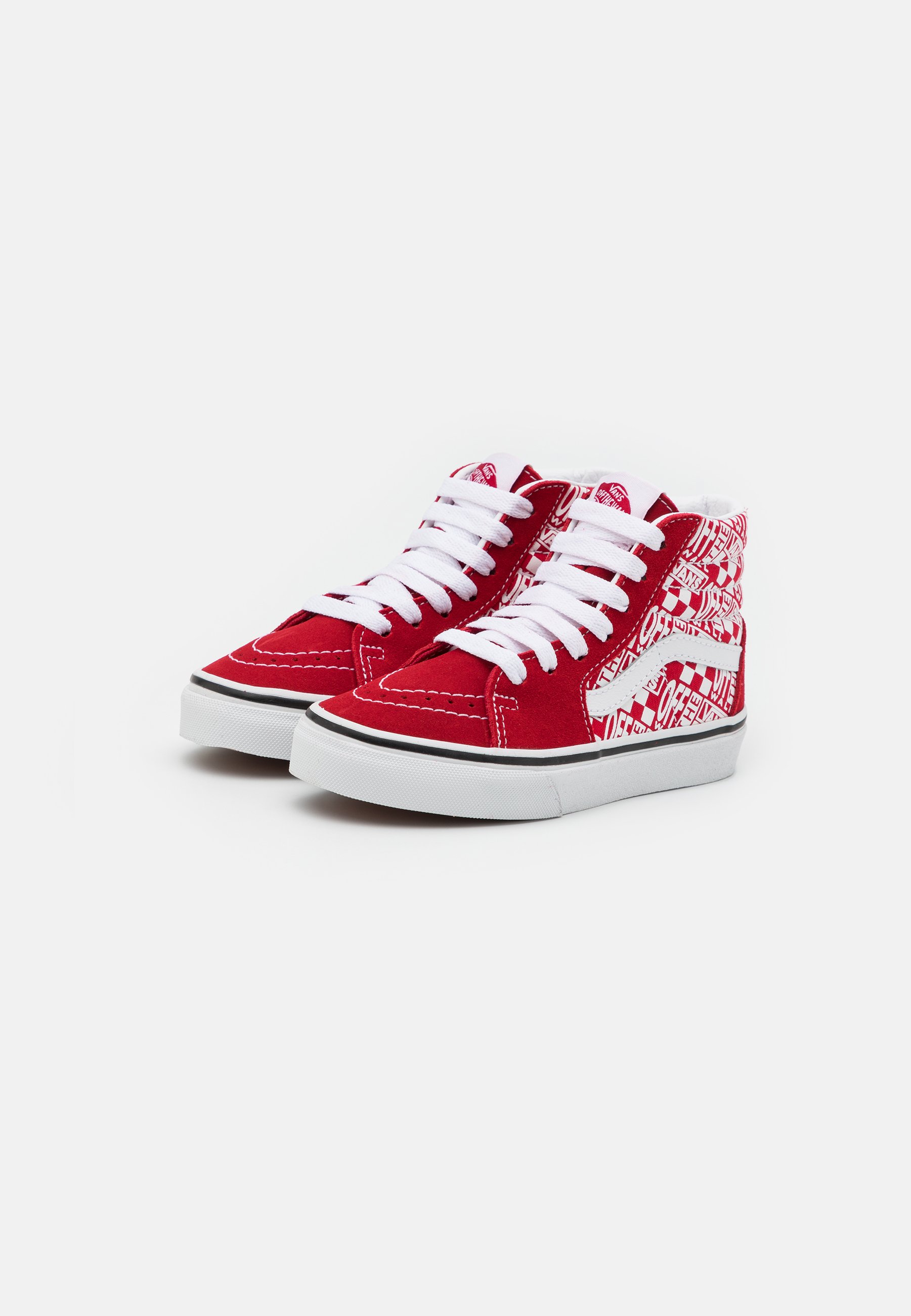 high top checkered vans red