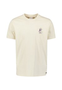 Lichtbeige katoenen t-shirt met korte mouwen, ronde hals en een klein paars grafisch ontwerp op de linkerkant van de borst. Eenvoudig, zonder patroon.