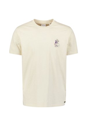 Helle beige Baumwoll-T-Shirt mit kurzen Ärmeln, Rundhalsausschnitt und einem kleinen lila Grafikdesign auf der linken Brustseite. Einfach, ungemustert.