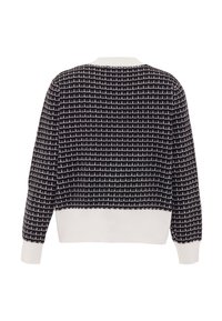 Fekete és fehér kötött pulóver, kockás mintázattal, kerek nyakkivágással és bordás mandzsettákkal, valamint aljjal. Hátsó nézet látható.