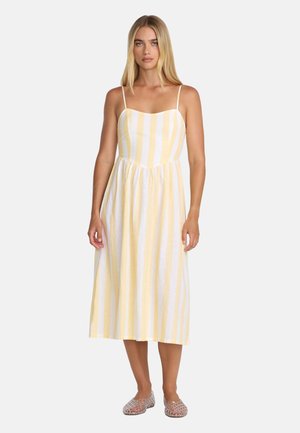 Kobieta w żółto-białej, pionowo prążkowanej sukience midi bez rękawów, z cienkimi ramiączkami i przezroczystymi, plecionymi płaskimi butami, stojąca na jednolitym tle.