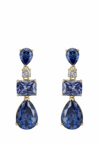 Pendientes colgantes en tono dorado que presentan piedras preciosas azules en formas de pera, redonda y rectangular, con un acabado facetado y textura suave.