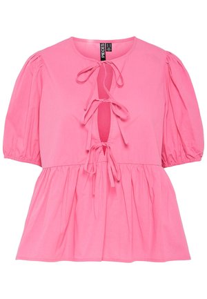 Top de algodão rosa com mangas bufantes, um recorte em forma de chave com laços e uma bainha peplum franzida. Textura suave e design casual.