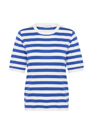Haut à manches courtes rayé bleu et blanc. Col rond, tissu doux, coupe régulière, avec des rayures alternées épaisses et fines.