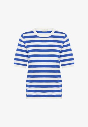 Blauw-witte gestreepte top met korte mouwen. Ronde halslijn, zachte stof, reguliere pasvorm, met afwisselend dikke en dunne strepen.