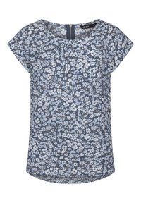 Top con stampa floreale blu e bianca, realizzato in tessuto leggero. Presenta un colletto rotondo e maniche corte con chiusura zip sul retro.
