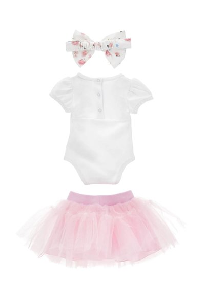 Body blanco para bebé con botones en la espalda, falda de tul rosa y diadema con lazo de tela floral para niña lactante.
