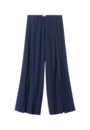 Pantalones azul marino de pierna ancha con aberturas frontales, tela texturizada y cinturilla alta.