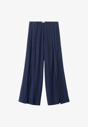 Pantalones azul marino de pierna ancha con aberturas frontales, tela texturizada y cinturilla alta.