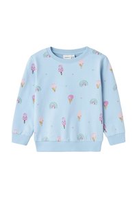 Felpa azzurra chiara con maniche lunghe, decorata con un divertente motivo di gelati, arcobaleni e cuori. Polsini e orlo a coste.