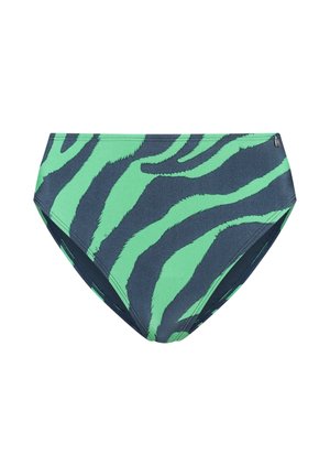 Bikinibroekje met hoge taille met een gedurfd groen en donkerblauw zebraprint, met een klein metalen logo aan de rechterbovenkant.