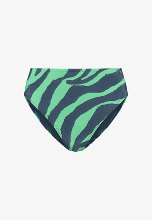 Dół od bikini z wysokim stanem w odważny wzór zielono-granatowych pasów zebry, z małym metalicznym logo na górnej prawej stronie.