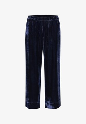 Pantaloni a gamba larga in velluto blu navy con vita elasticizzata, texture liscia e vestibilità dritta; presentano risvolti alla fine.