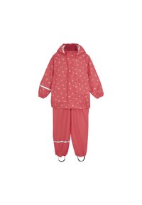 Vattentät rosa regnöverdrag med huva, elastiska ärmslut och reflexdetaljer, med ett mönster av körsbärsblommor på jackan och byxorna.