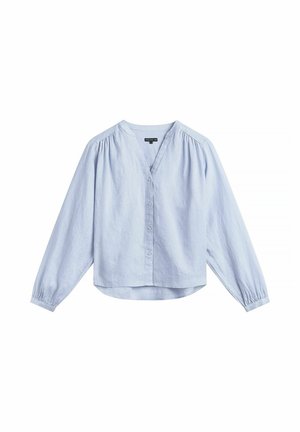 Jasnoniebieska bluzka na guziki z długim rękawem, z dekoltem w serek, lekkim marszczeniem na ramionach oraz elastycznymi mankietami, wykonana z lekkiego materiału.