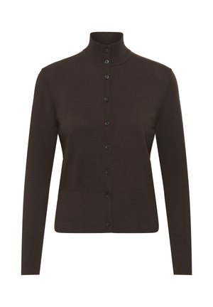 Tmavohnedý kardigán s vysokým golierom a rukávmi na celú dĺžku. Predné gombíky a náprsné vrecko pridávajú funkčné detaily. Hladká pletená textúra.