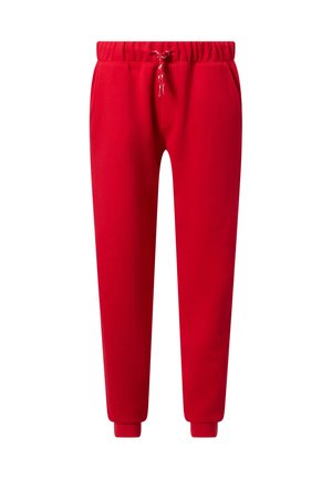 Red jogger pants with elastic waistband, drawstring tie, side pockets, and ribbed cuffs on white background.