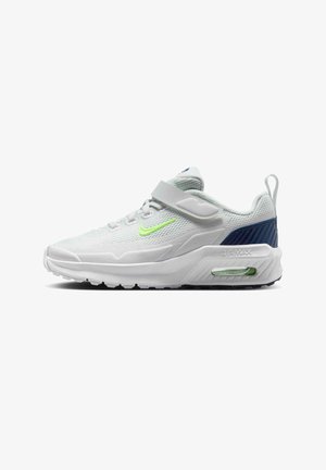 Biały sneaker Nike Air Max z limonkowozielonym znakiem, granatowym tyłem, siateczkową cholewką, paskiem na rzep oraz widoczną poduszką powietrzną w podeszwie.