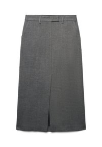 Gonna grigia a matita con uno spacco frontale e passanti per la cintura. Il tessuto ha una texture sottile, che offre un aspetto strutturato e sartoriale.