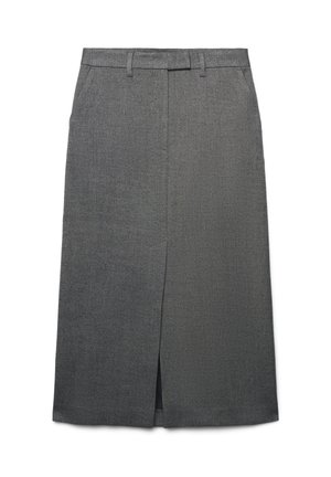Gonna grigia a matita con uno spacco frontale e passanti per la cintura. Il tessuto ha una texture sottile, che offre un aspetto strutturato e sartoriale.