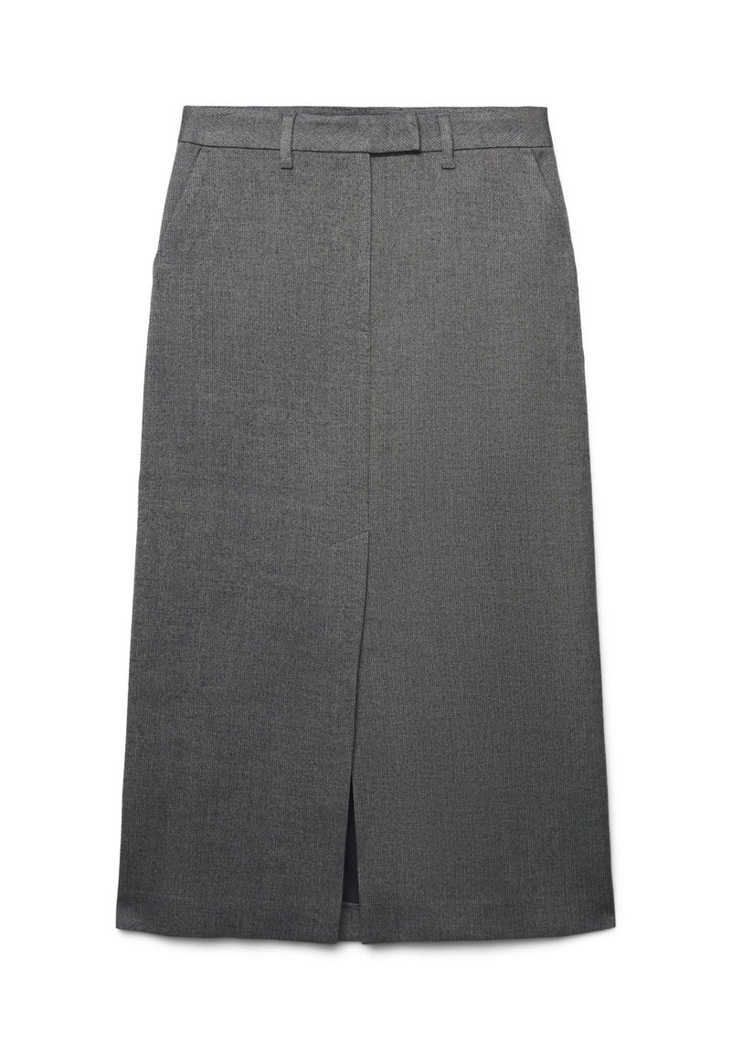 Gonna grigia a matita con uno spacco frontale e passanti per la cintura. Il tessuto ha una texture sottile, che offre un aspetto strutturato e sartoriale.