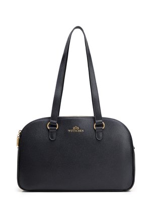 Zwarte handtas van getextureerd leer met twee schouderbanden, een gouden rits en het Wittchen-logo in goud in het midden aan de voorkant.