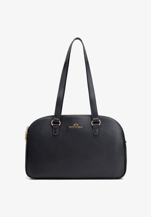 Zwarte handtas van getextureerd leer met twee schouderbanden, een gouden rits en het Wittchen-logo in goud in het midden aan de voorkant.