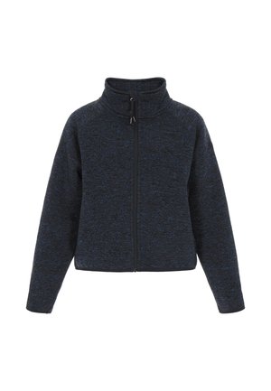 Chaqueta de forro polar azul oscuro con cremallera, cuello alto, tejido texturizado y detalles de cremallera negra. Presenta mangas largas y un diseño ajustado.
