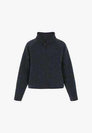 Tmavomodrá fleeceová bunda na zips s vysokým golierom, textúrovanou látkou a čiernymi zipsovými detailami. Má dlhé rukávy a priliehavý strih.