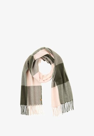 Écharpe en mélange de laine avec un grand motif à carreaux en vert olive, gris clair et rose pâle, avec des bords frangés pour une texture supplémentaire.
