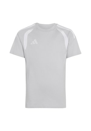 Hellgraues Sport-T-Shirt mit kurzen Ärmeln, weißen Akzenten und kleinem Adidas-Logo auf der linken Brust, vor einem schlichten Hintergrund dargestellt.