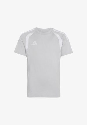 Lekka, jasnoszara sportowa koszulka z krótkim rękawem, białymi akcentami i małym logo Adidas na lewej piersi, pokazana na jednolitym tle.